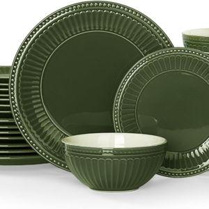 Famiware Garden 24-Piece Embossed Plates and Bowls Sets, Stoneware Reactive Glaze Dishes Dinnerware Set, Modern Rustic, Chip & Scratch Resistant, Microwave & Dishwasher Safe, Service for 8, Dark Green