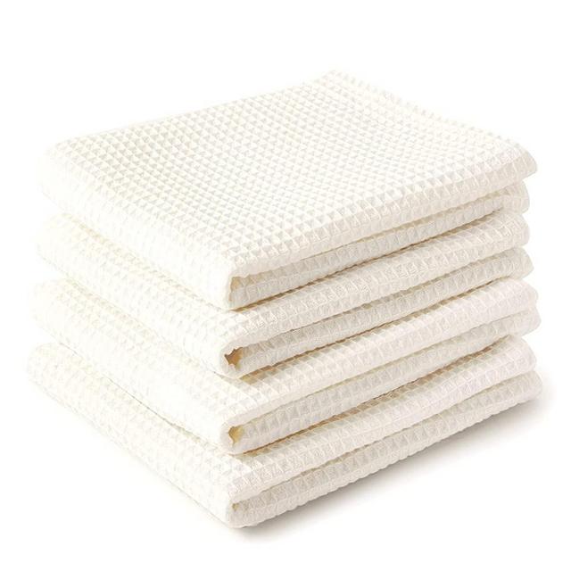 Encasa Homes Anti-Odour Waffle Kitchen Dish Towels, 18 x 28 inch (4 Pc Set) Highly Absorbent, Tea Towels for Cleaning & Quick Drying, Eco-Friendly Cotton - Natural