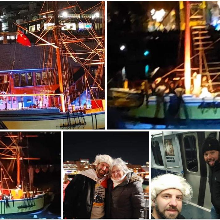 Dec. 16, 2023 - We had front row seats at the 250th Anniversary of the Boston Tea Party! Shawn's powdered wig was a hit, and we made friends with several Daughters of the American Revolution.