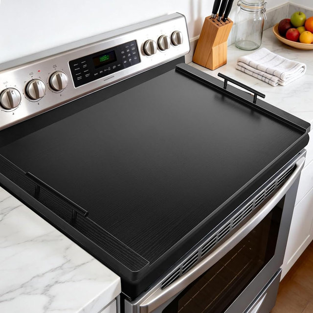 FUSOUBOTY Noodle Board Stove Cover with Handles, Wood Stove Top Covers for Electric Stove and Gas Burners, Wooden Decorative Serving Tray Kitchen Sink Cover for Counter Space (Black)