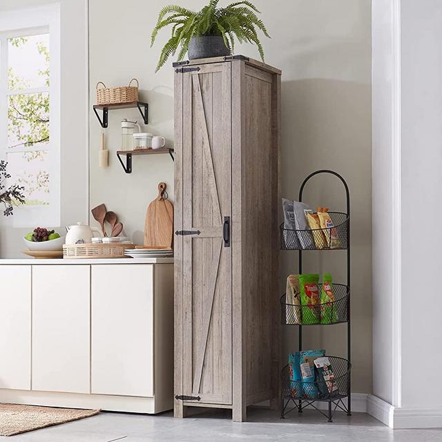 Storage Cabinet, OKD Farmhouse Bathroom Cabinet Organizer w/Adjustable Shelves, Narrow Kitchen Pantry w/Barn Door, Versatile Storage w/Hanging Rod for Home, Laundry, Utility Room, Light Rustic Oak