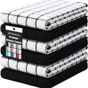 Homaxy Premium Cotton Kitchen Towels 16"x 28", Large Natural Ring Spun 390 GSM Dish Towels, Super Absorbent Terry Kitchen Hand Towels, Soft Tea Towels with Hanging Loop, Black Check Design, 6 Pack