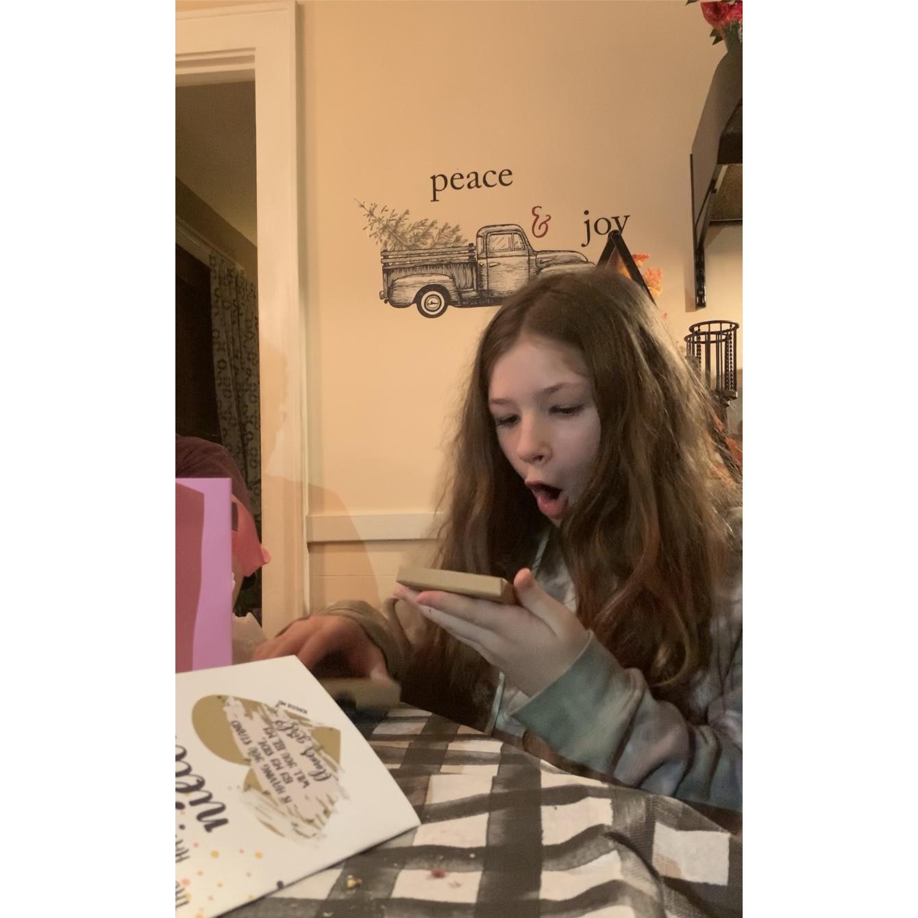 Kayden's reaction to her bracelet we got her asking if she would be our Flower Girl.