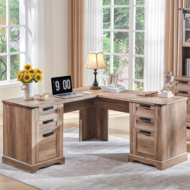 RedLemon 60" Farmhouse L Shaped Executive Desk with Drawers, Wood Home Office Corner Desk with Charging Station, File Drawer, Storage Cabinet, Rustic Computer Writing Desk (Natural Oak)