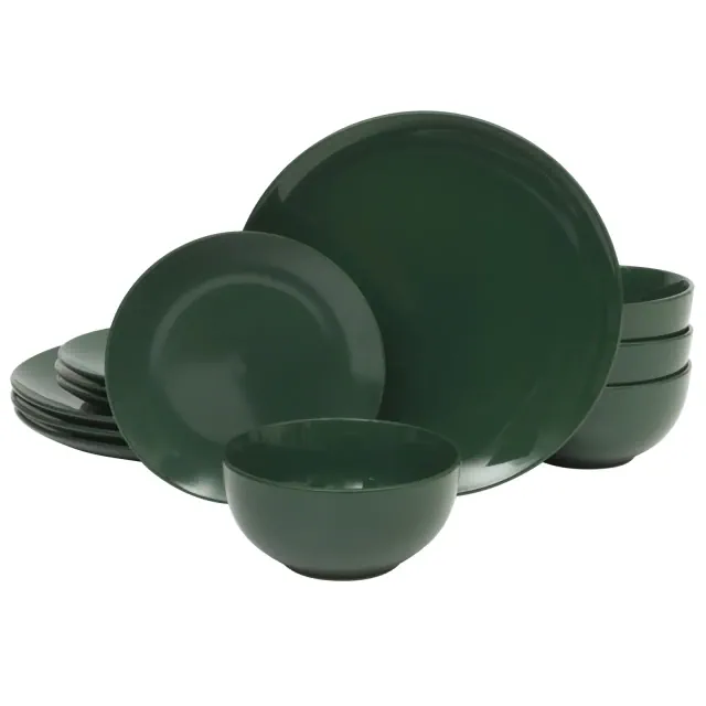 Gibson Home Simple Essential Plates and Bowls Porcelain Solid Color Dishes Ceramic Dinnerware Set - Hunter Green