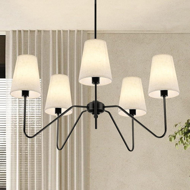 FIYUEOYI 5-Light Modern Chandeliers, Pendant Lights Fixture with Linen Beige Fabric Shade for Living Room Dining Room Bedroom Hallway Entryway, Height Adjustable,E12