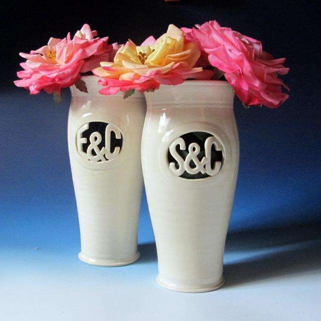 Monogram Vase w/ Initials & Ampersand - Personalized hand thrown / carved ceramic - Heirloom Wedding Vase / Housewarming Gift - Handmade