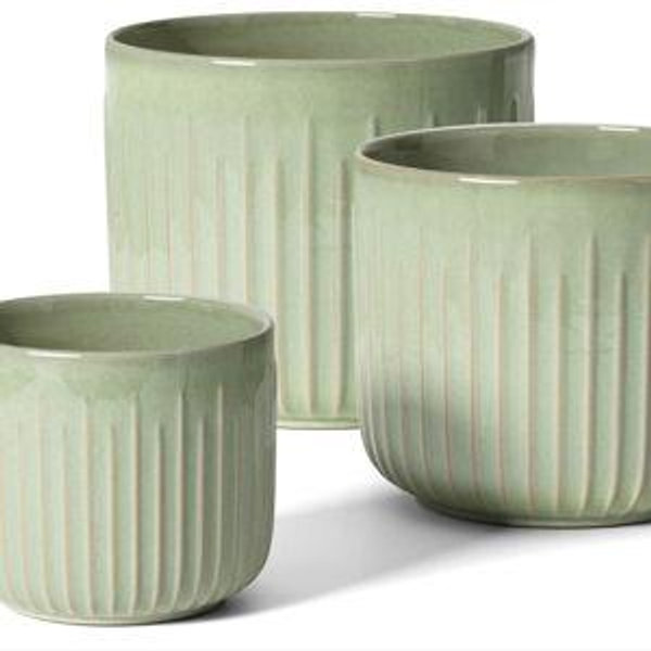 LE TAUCI Fluted Ceramic Planters Set of 3 – 8.3/7 / 5.7 in Sage Green Reactive Cylinder Indoor Plant Pots with Drainage Plug & Mesh, Glossy Stoneware Flower Pots for Succulents Herbs