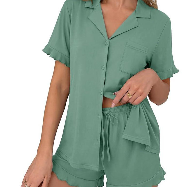 Ekouaer Pajamas Set for Women Button Down Pjs Lounge Sets Ruffle Short Sleeve Sleepwear Cute Loungewear