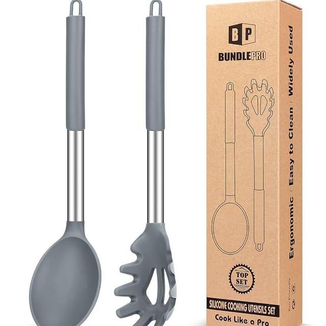 Silicone Pasta Fork and Cooking Spoon Set, Non Stick Kitchen Utensils for Cooking,Stirring,Serving Spaghetti, Soup, Sauce(GREY)