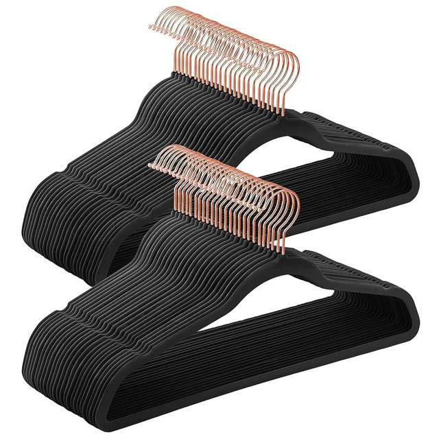 SONGMICS Velvet Hangers 50 Pack, Non-Slip Hangers with Rose Gold-Colored Swivel Hooks, Slim Space-Saving Hangers, Velvet Hangers for Closet, Heavy-Duty Hangers, Black UCRF026B50