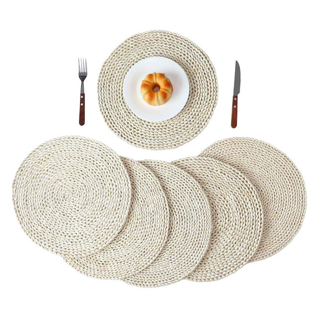 YRMT Round Woven Placemats Set of 6 Water Hyacinth Placemat Braided Straw Place Mats for Dining Table Natural 13.8" in