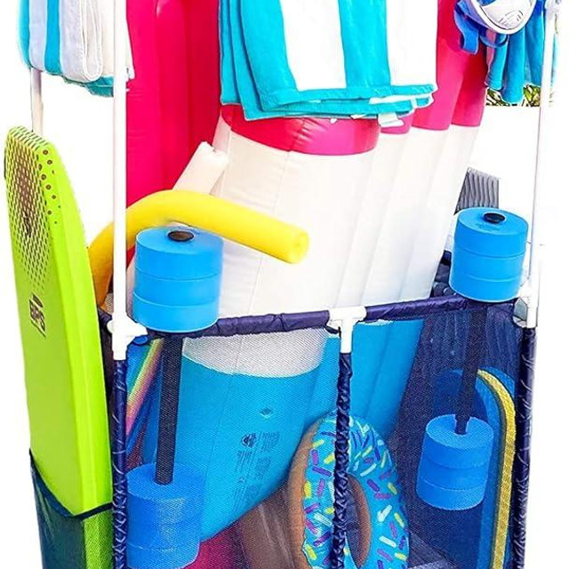 Essentially Yours Pool Equipment Holder with Towel Drying Bars, Mesh Rolling Pool Storage Organizer Bin, Extra Large with Towel Hanger, (34.5" W x 25" L x 62.6" H), Blue/White Style 418566