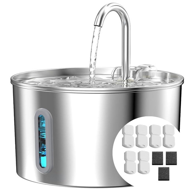 Cat Water Fountain Stainless Steel: 74oz/2.2L Cat Fountain for Drinking - Pet Water Fountain for Cats Inside - Automatic Dog Water Dispenser Bowl Feeding & Watering Supplies 6 Filters 3 Sponges