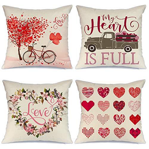 AENEY Valentines Day Pillow Covers 18x18 inch Set of 4 for Valentines Decor Red Heart Tree and Love Bicycle Decor Valentines Day Throw Pillows Decorative Cushion Cases Valentine Decorations A288