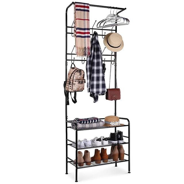 Homfa Metal Entryway Coat Shoe Rack 3-Tier Shoe Bench with Coat Hat Umbrella Rack 20 Hooks (Black)