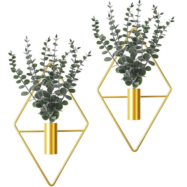 Jexine 4 Pcs Hanging Planters with Artificial Eucalyptus Metal Hanging Vase Indoor Plants Holder Modern Geometric Boho Bathroom Wall Decor for Living Room Home Office (Gold)