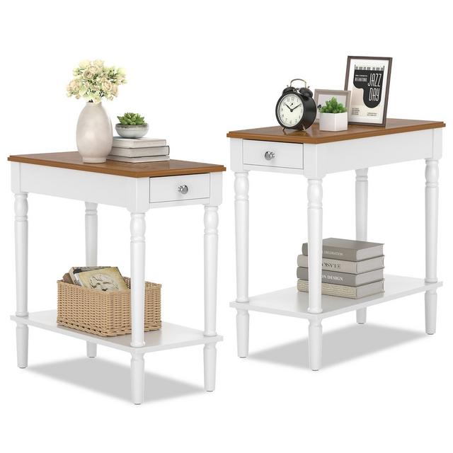 Costway 2 PCS 2-tier End Side Narrow Table Nightstand w/ drawer for Living Room Bedroom