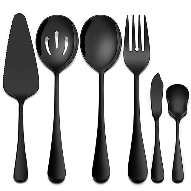 Homikit 6 Pieces Black Serving Utensils, Modern Stainless Steel Serving Hostess Set with Serving Spoons, Serving Fork, Pie Server, Butter Knife, Ice Cream Spoon, Shiny Mirror Polished, Dishwasher Safe