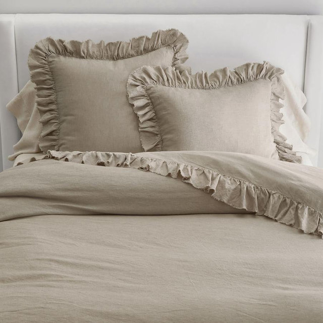 Belgian Flax Linen Fringe Ruffle Duvet, Dark Flax, Full/Queen