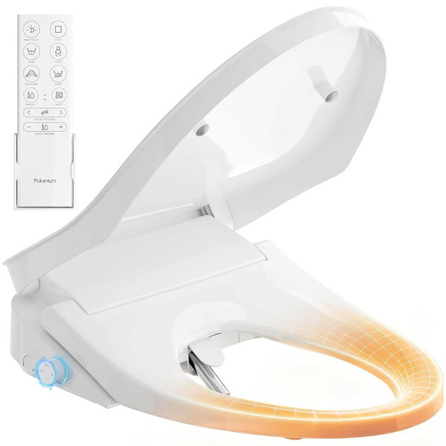 PUKANIUM Heated Smart Toilet Seat with Feminine Wash & Dryer, Elongated Bidet with Adjustable Water Temperature, Pressure & Nozzle Position, Easy Installation & Soft-Close Lid for Modern Bathrooms