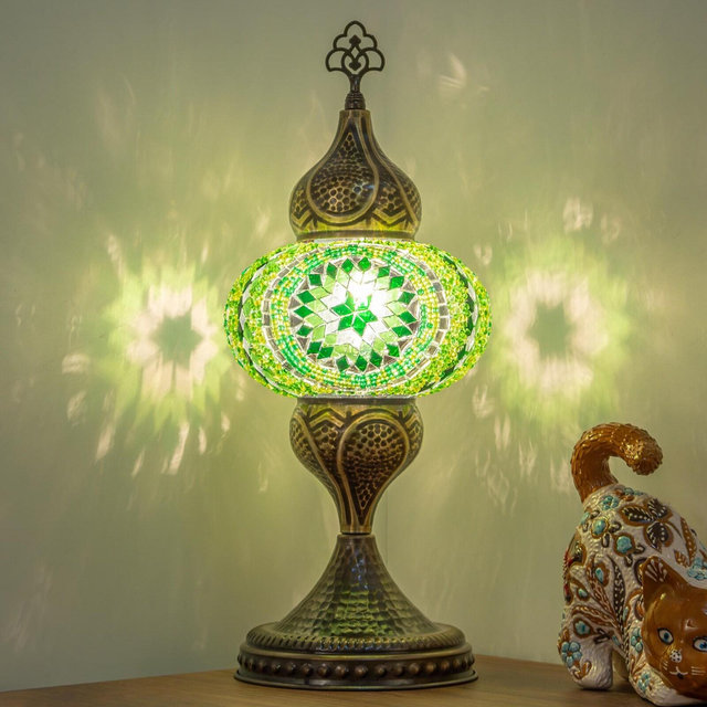 Handmade Turkish Mosaic Table Lamp - Green Glass, Boho Aesthetic, Brass Base, Small Nightstand Desk Lamp, Perfect Housewarming Gift