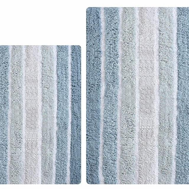 Bathroom Rugs Set 2 Piece in 100% Cotton Alpine Stripe 21x32/17x24 - Blue, Reversible Bath Rugs Set, Cotton Bath Mat,Cotton Bath Rugs, Soft Absorbent Machine Washable