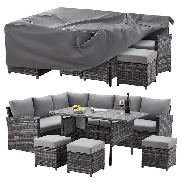 U-MAX 7 Pieces Patio Furniture Set with Waterproof Cover, Outdoor Sectional Sofa Conversation Set, All Weather Wicker Rattan Dining Table & Chair with Ottoman, Grey Rattan&Grey Cushion