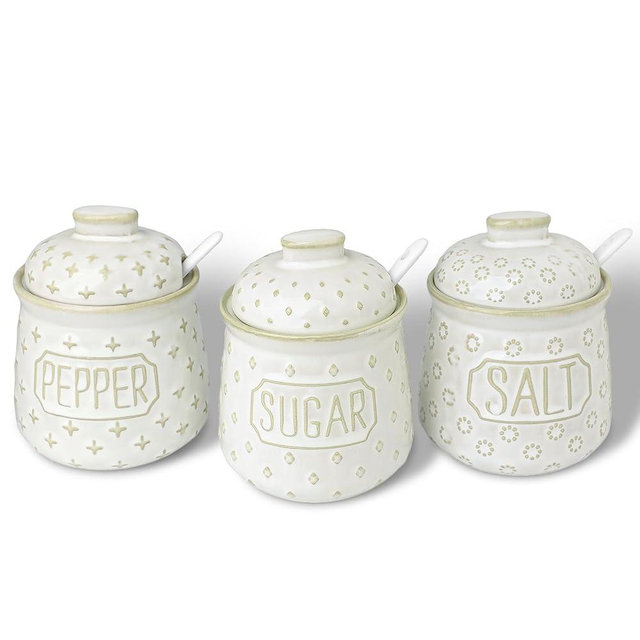 GDCZ 10 Oz Sugar Pepper and Salt Bowls with Lid and Spoon, Ceramics Seasoning Container, Seasoning Jar Spice Container for Kitchen,Dishwasher Safe, Set of 3 (White)