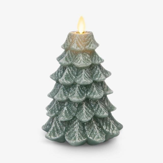 Luminara Christmas Tree Flameless LED Candle, Green 4.7" x 6.5", Moving Flame Battery Operated Timer, Holiday Decor, Glitter Snow Finish Safe