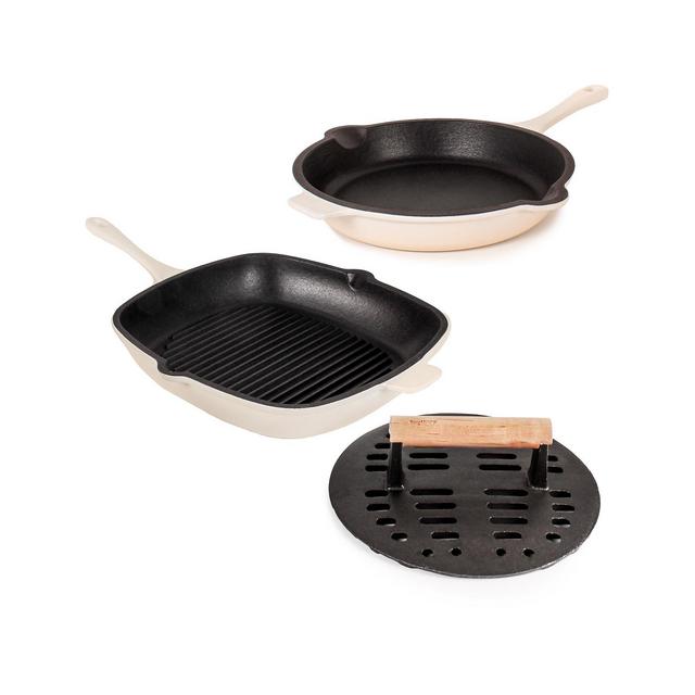 BergHOFF Neo Enameled Cast Iron 3 Piece 10" Fry Pan, 11" Grill Pan, and Slotted Steak Press Set