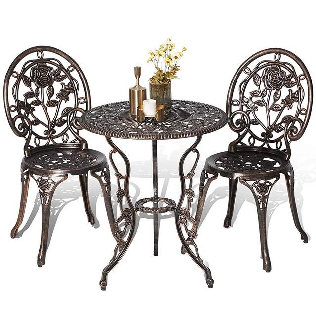 HOMEFUN Bistro Table Set, Antique Bronze Rose 3 Piece, Outdoor Patio Table and Chairs Furniture, Durable Rust Weather Resistance