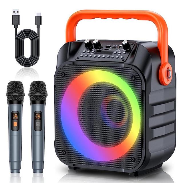 Karaoke Machine with Two Wireless Microphones, Portable Karaoke Machine for Adults & Kids, Karaoke Microphone with PA System, LED Lights, Karaoke Speaker Supports for TF Card/USB, AUX in, FM, REC,TWS