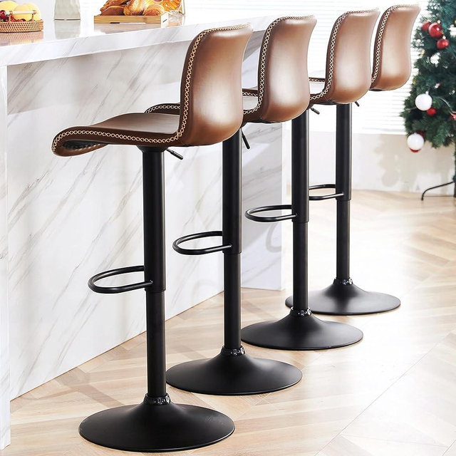 HeuGah Swivel Bar Stools Set of 4, Counter Height Bar Stools with Back, Adjustable Bar Stools 24" to 32", Brown Faux Leather Bar Stools for Kitchen Island (Brown, Set of 4 (24'' to 32''))