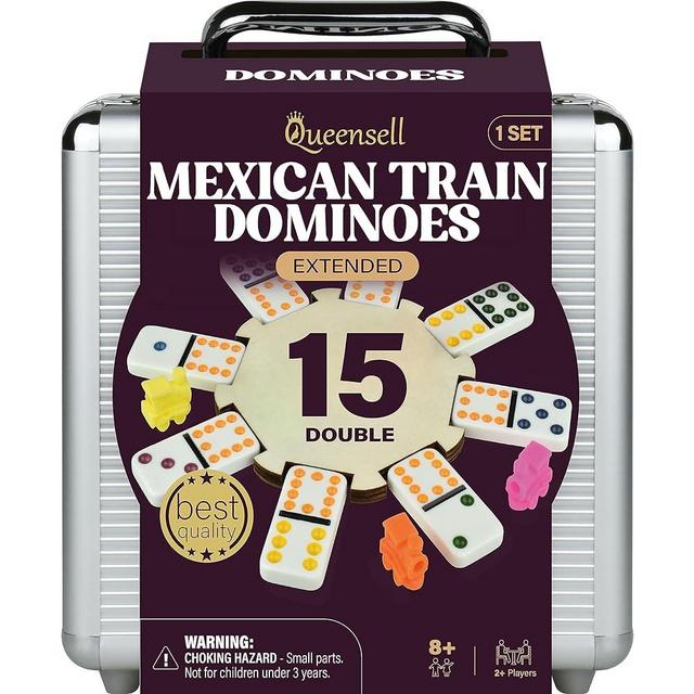Mexican Train Dominoes Set Double 15, Dominoes Set for Adults and Family, Mexican Train Double 15 Dominoes Set Colored Dot, Mexican Dominos Board Games - 136 Tiles, 9 Trains, Wooden Hub, Aluminum Case