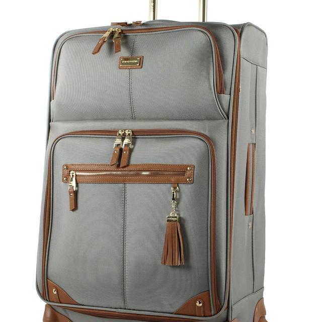 Steve Madden Designer Luggage - Checked Large 28 Inch Softside Suitcase - Expandable for Extra Packing Capacity - Lightweight Bag with Rolling Spinner Wheels (Harlo Gray)