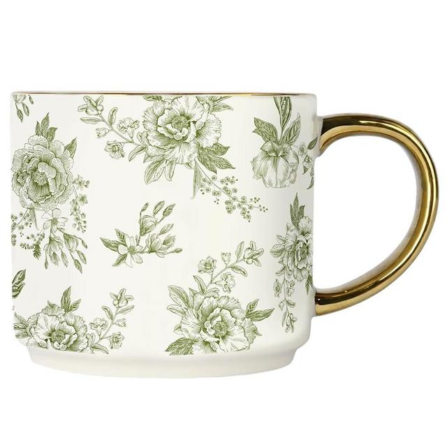 Sweet Water Decor Green Delft Coffee Mug, Vintage Green Floral Design with Gold Handle & Rim, 14oz Fine Bone China Tea Cup, Cute Gifts for Mother's Day, Baby Shower, Christmas & Mom's Birthday