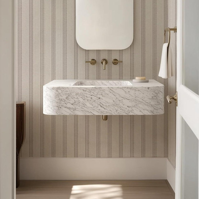 RollsRolla Modern Brown and White Striped Peel and Stick Wallpaper, Removable, French Country Style, Textured Wall Compatible, Stick on Wallpaper for Bathroom and Bedroom (Brown)