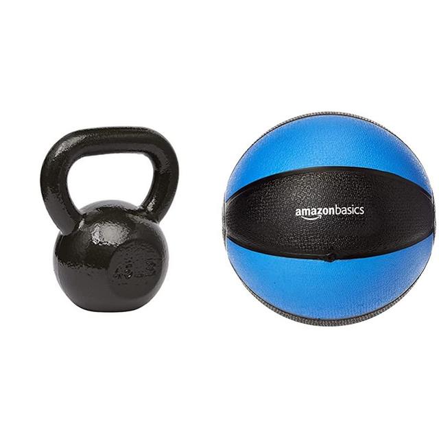 Amazon Basics Cast Iron Kettlebell - 40 Pounds, Black & Workout Fitness Exercise Weighted Medicine Ball - 10 Pounds, Blue and Black