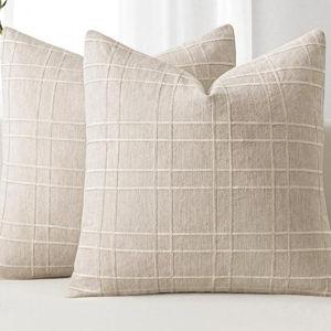 MIULEE Decorative Linen Check Throw Pillow Covers Neutral Farmhouse Vintage Pillow Covers 18x18 Set of 2 Boho Modern Home Decor for Sofa Couch Bedroom Cushion Natural Beige
