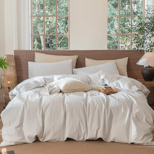 MooMee Striped Duvet Cover Set 100% Washed Cotton Linen Like Textured Breathable Durable Soft Comfy (White Cornflower Blue Wide Stripes, King 104"x90")