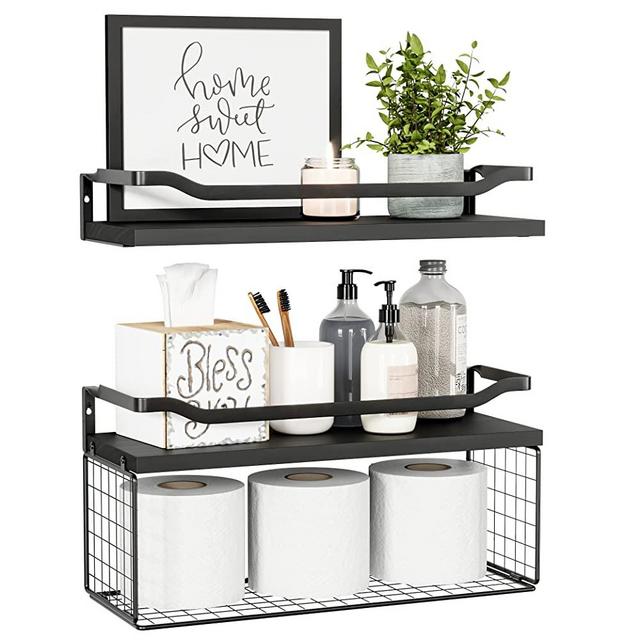 WOPITUES Floating Shelves with Wire Storage Basket, Bathroom Shelves Over Toilet with Protective Metal Guardrail, Wood Wall Shelves for Bathroom, Bedroom, Living Room, Toilet Paper- Black