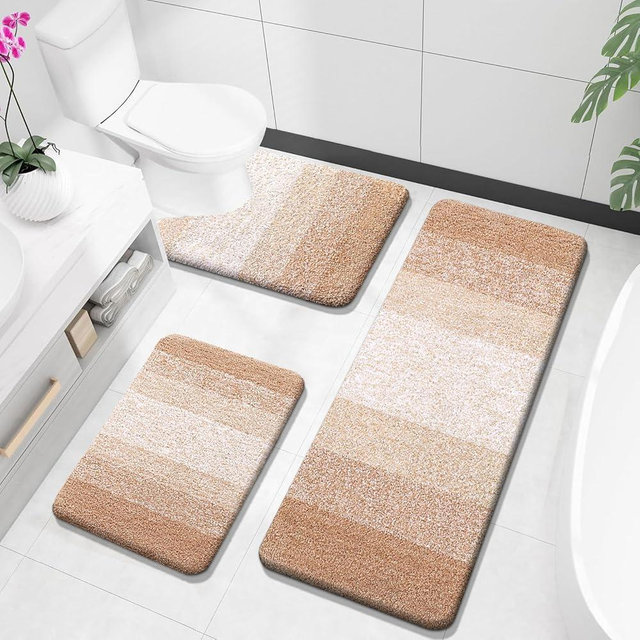 OLANLY Bathroom Rugs Sets 3 Piece, Soft Absorbent Microfiber Bath Mats and U-Shaped Contour Toilet Rug, Plush Shaggy Bath Mat Set for Bathroom (47"x20"+24"x16"+24"x20", Beige)