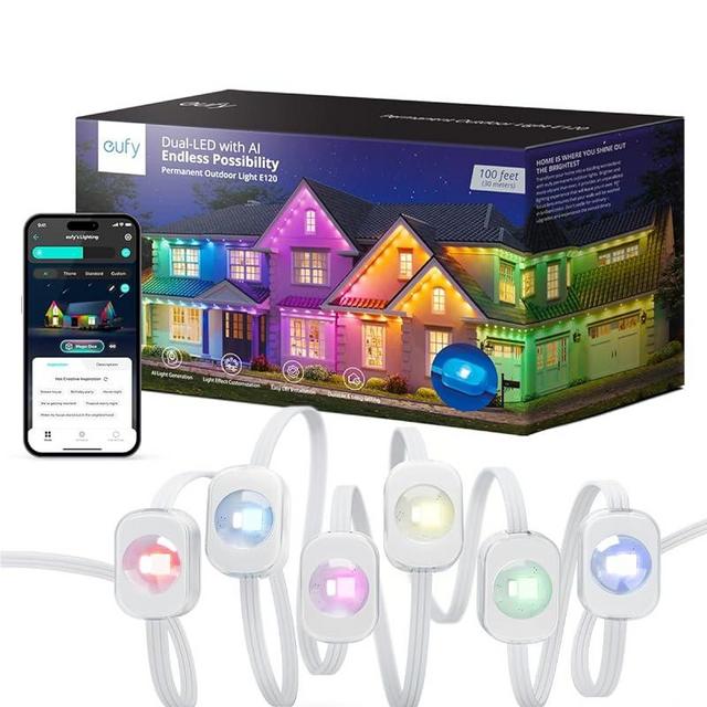 eufy Permanent Outdoor Light E120, 100ft with 60 Dual-LED RGB and Warm White Eave Lights, App Control, AI Light Design, Endless Themes for Halloween, Christmas Decor, Works with eufy cameras