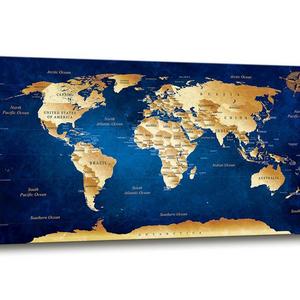 Wall Art blue map of the world Painting Ready to Hang -20" x 40" Pieces Large Framed wall art world Map Canvas Art Map wall decorations Artwork Prints for Background For Home Office Decoration.