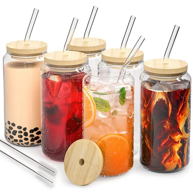 6pcs Drinking Glass Cups with Bamboo Lids and Straws -16oz Funny Beer Can Glasses, Clear Iced Coffee Glass Tumble, Cute Kitchen Can Beer Glassware Gift for Women Birthday Housewarming Christmas