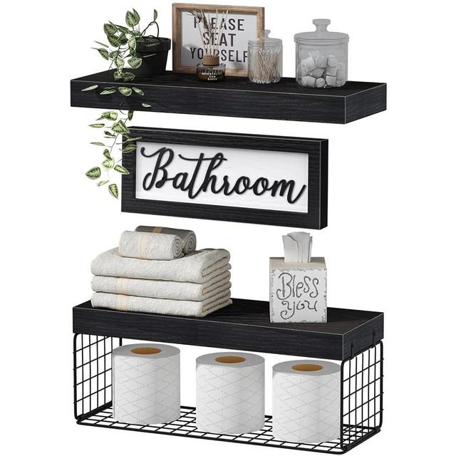 QEEIG Bathroom Shelves Over Toilet Furniture Sets Wall Decor Shelf Farmhouse Decorations Décor Sign Shelves Small Modern 2+1 Set 16 inch, Black