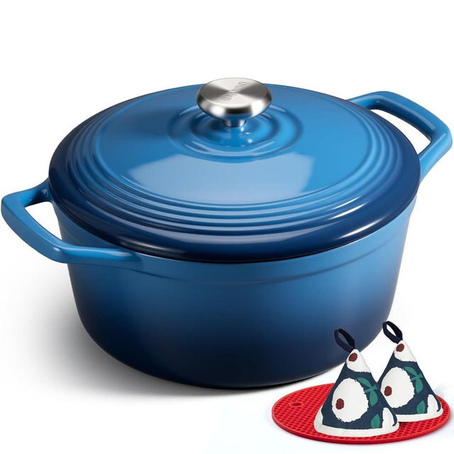 Overmont Enameled Cast Iron Dutch Oven - 5.5QT Pot with Lid Cookbook & Cotton Potholders - Heavy-Duty Cookware for Braising, Stews, Roasting, Bread Baking Blue