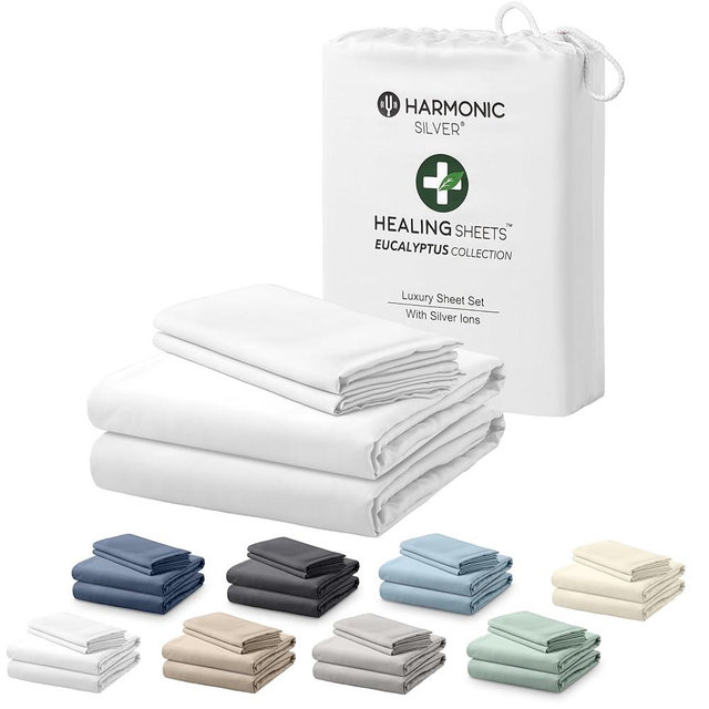 HARMONIC SILVER Eucalyptus Collection King Size Sheet w/Silver Ions | 100% Tencel | Ultra Soft | Cooling for Hot Sleepers | 18" Deep Pocket [White]