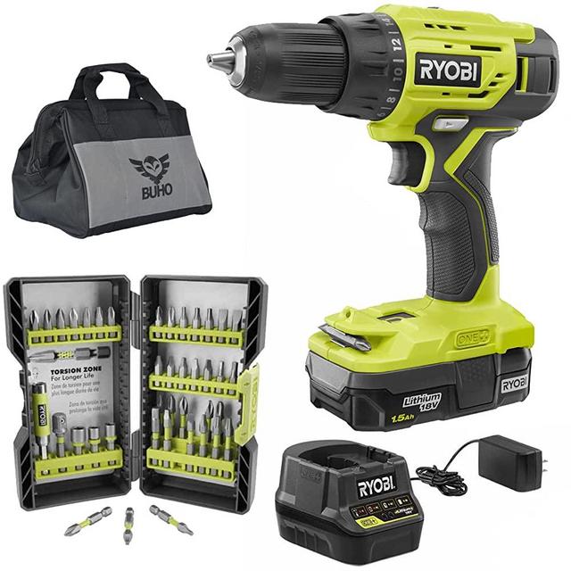 Ryobi Drill Set Bundle with Ryobi 1/2 Inch ONE+ Drill Driver, 1.5 Ah 18-Volt Battery, 40 Piece Drill Bit Set, and 16 Inch Buho Tool Bag